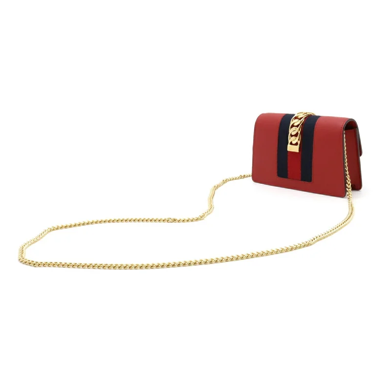 Medium - sized Women Gucci handbags for everyday useGUCCI Sylvie Webline Chain Shoulder Bag Pochette Clutch Leather Red 494646