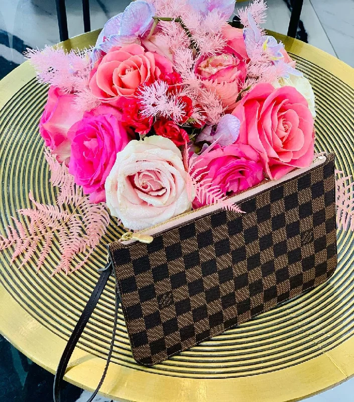 Louis Vuitton bags with a front - flap pocket for quick - access itemsLOUIS VUITTON DAMIER EBENE NEVERFULL MM GM POCHETTE ROSE BALLERINE