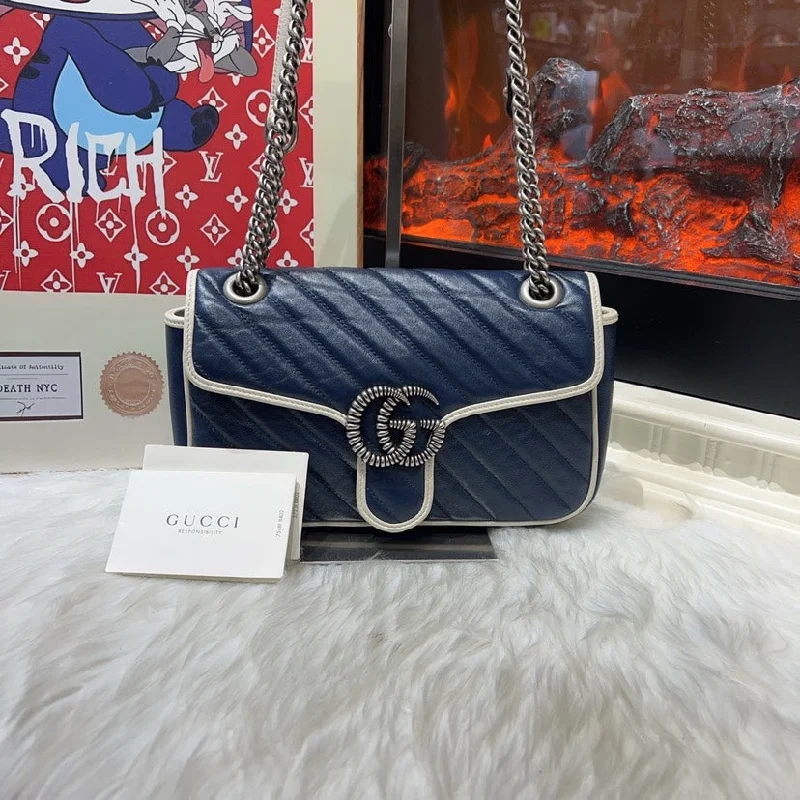 Ladies Gucci shoulder bags with a single - handle designGucci Marmont Blue Leather Quilted Shoulder Bag Medium