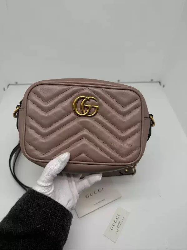 Women Gucci bags with a front - flap pocket for quick - access itemsGucci Marmont Mini Camera Bag Milk Tea Beige Mauve Pink Double G Logo