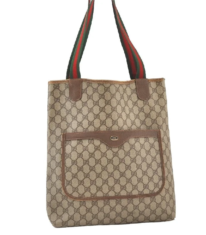 Women Gucci tote bags in GG Supreme canvas for a branded feelAuthentic GUCCI Web Sherry Line Shoulder Tote Bag GG PVC Leather Brown 7978J