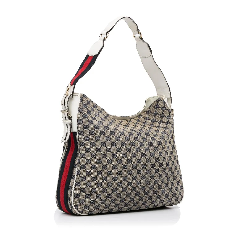 Gucci tote bags for women with a printed Gucci logoGucci GG Canvas Web Shoulder Bag (SHG-98PH5h)