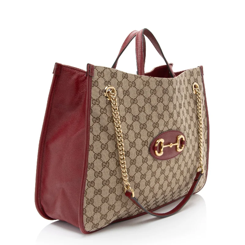 Women Gucci backpacks with a luxurious leather finishGucci GG Canvas Horsebit 1955 Chain Large Tote (quQ1E0)