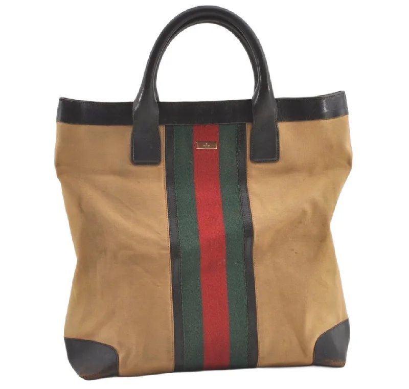 Women Gucci bags with a magnetic snap closure for easy accessAuthentic GUCCI Web Sherry Line Tote Bag Canvas Leather 0021121 Beige 0547K