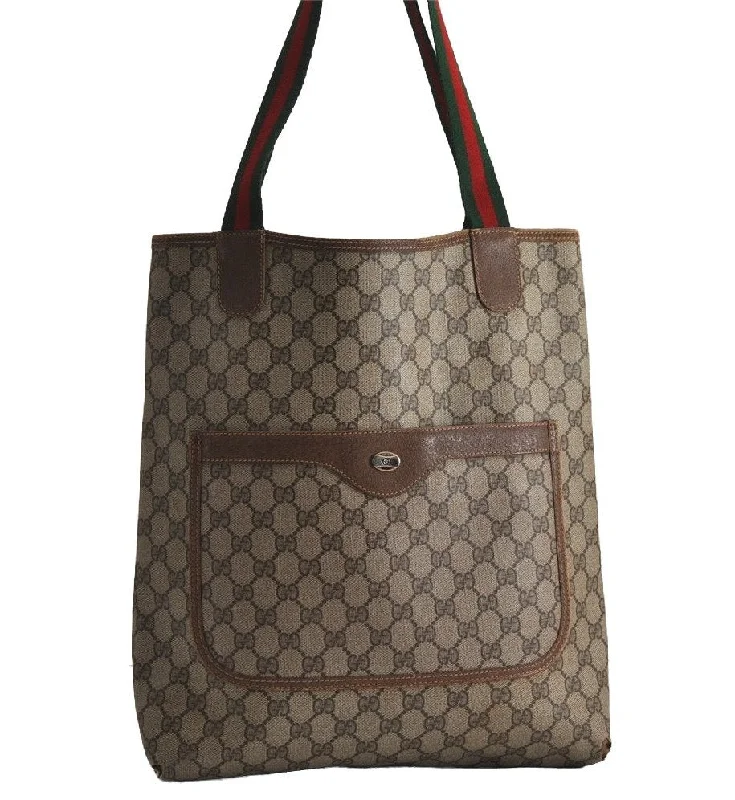 Gucci handbags for women with a metal - framed claspAuthentic GUCCI Web Sherry Line Shoulder Tote Bag GG PVC Leather Brown 7920J