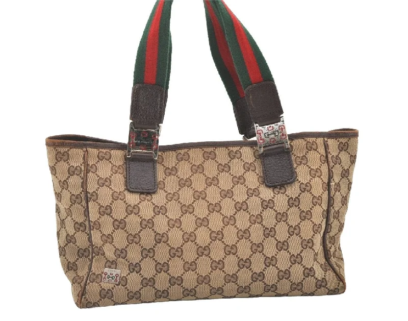 Gucci tote bags for women with a water - resistant coatingAuthentic GUCCI Web Sherry Line Tote Bag GG Canvas Leather 145810 Brown 7792J