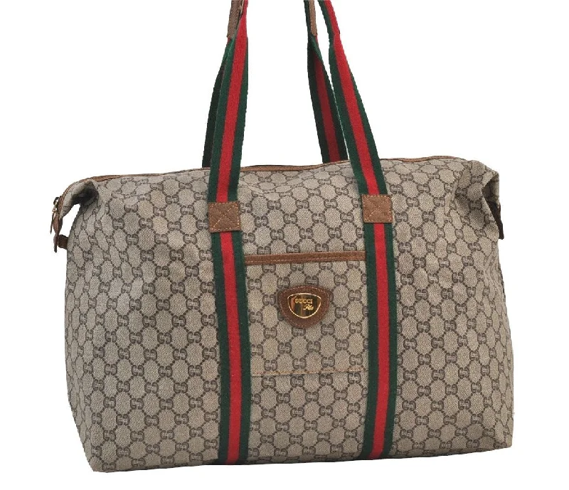 Women Gucci bags with a front - zip pocket for small itemsAuthentic GUCCI Web Sherry Line GG Plus PVC Leather Travel Bag Brown 9367J