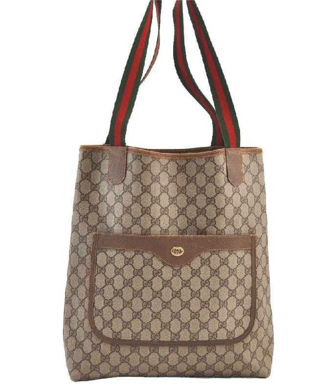 Women Gucci crossbody bags with a keychain holderAuthentic GUCCI Web Sherry Line Shoulder Tote Bag GG PVC Leather Brown 9366J