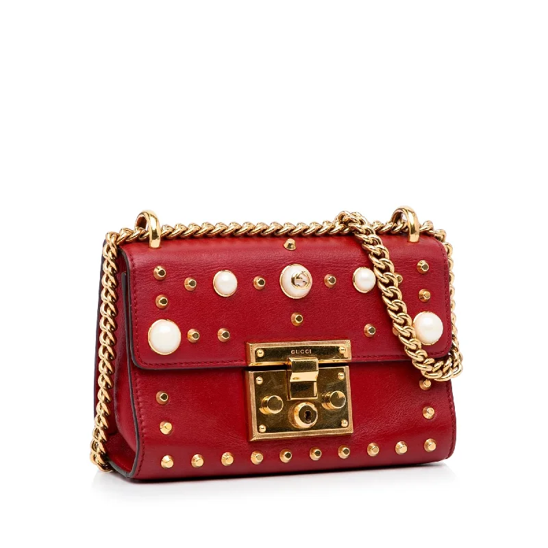 Women Gucci bags with a detachable mobile phone holderGucci Small Leather Pearl Studded Padlock Crossbody Bag (SHG-lpKTdk)