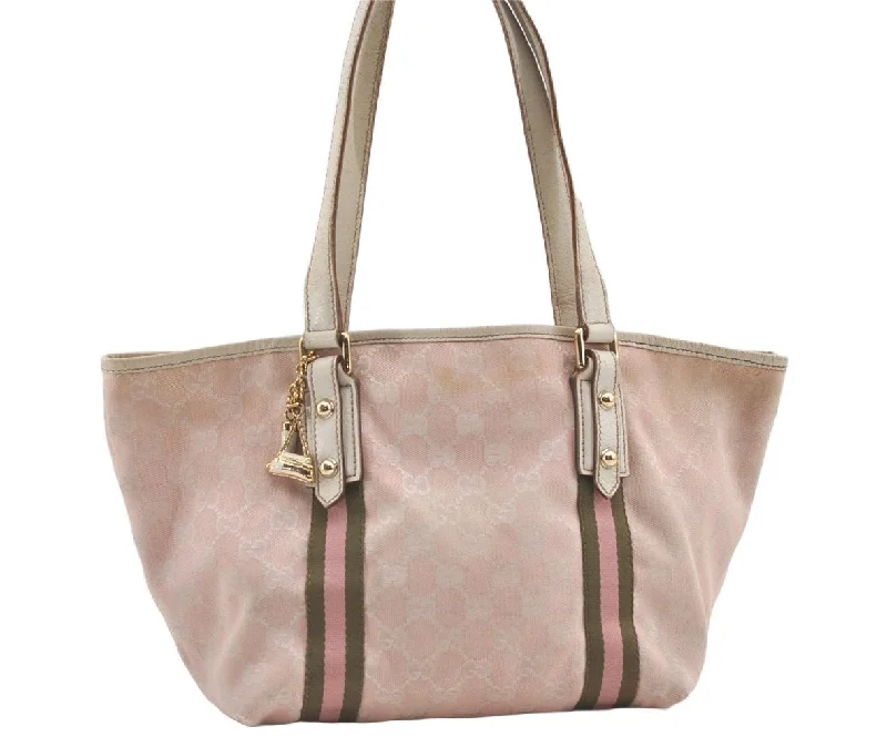 Women Gucci bags with a snap - button closure and a decorative charmAuthentic GUCCI Sherry Line Tote Bag GG Canvas Leather 137396 Pink 0172K