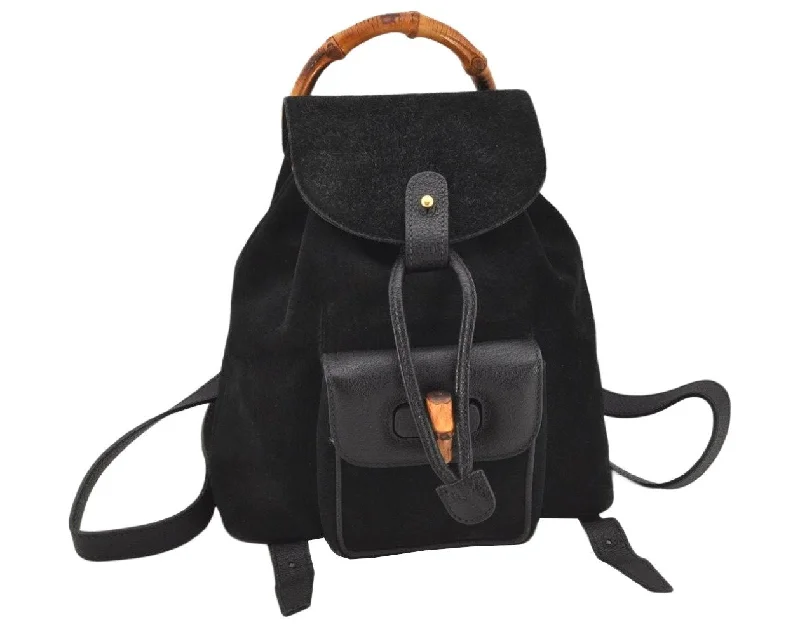 Gucci backpacks for women with a hidden back pocketAuthentic GUCCI Vintage Bamboo Backpack Purse Suede Leather Black 0139K