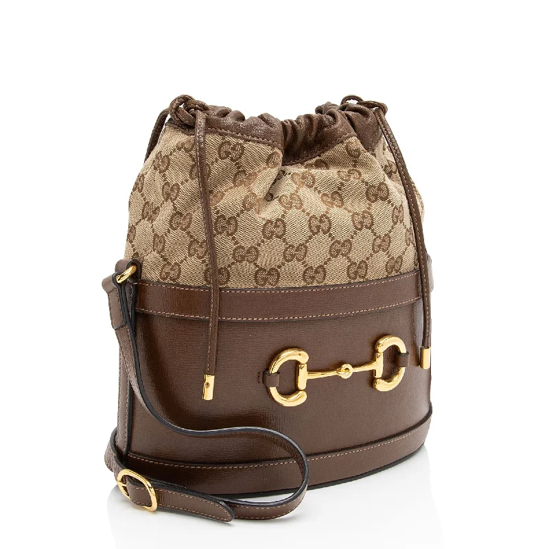 Ladies Gucci shoulder bags with a wide - width strapGucci GG Canvas Horsebit 1955 Drawstring Bucket Bag (5JPyBm)