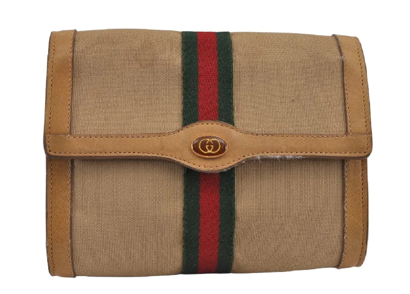 Gucci Marmont bags for women with gold - toned hardwareAuthentic GUCCI Web Sherry Line Clutch Hand Bag Purse Canvas Leather Beige 9374J