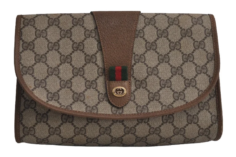 Medium - sized Women Gucci handbags for everyday useAuthentic GUCCI Web Sherry Line Clutch Hand Bag Purse GG PVC Leather Brown 7977J