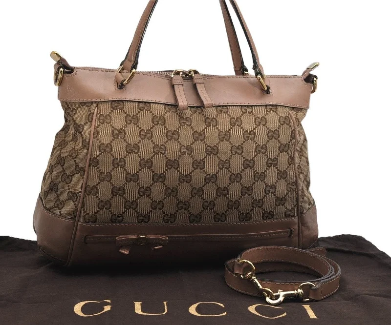 Women Gucci bags with a chain - link trim and a leather bodyAuthentic GUCCI Mayfair 2Way Tote Bag GG Canvas Leather 269894 Brown 0156K