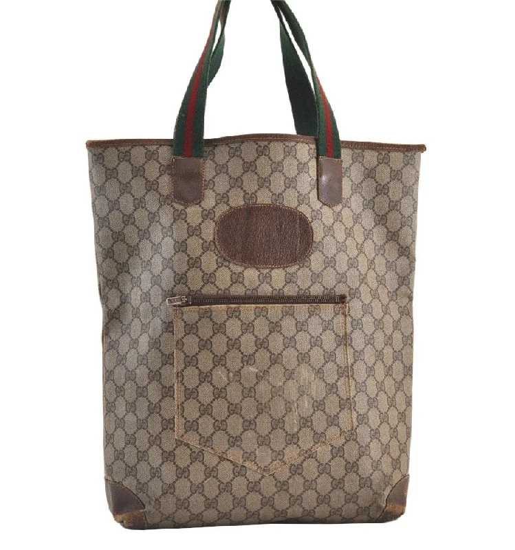 Gucci handbags for women with a patent - leather finishAuthentic GUCCI Web Sherry Line Shoulder Tote Bag GG PVC Leather Brown 9360J