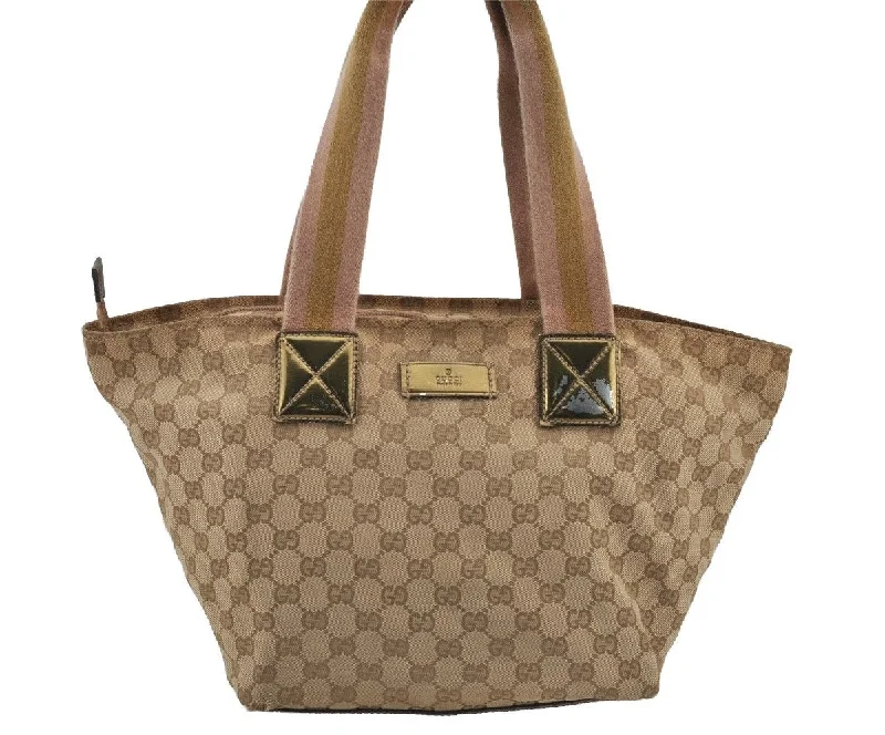 Ladies Gucci shoulder bags with a wide - width strapAuthentic GUCCI Sherry Line Tote Bag GG Canvas Enamel 131230 Beige 7974J