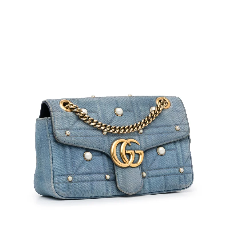 Women Gucci crossbody bags with a printed floral patternGucci GG Marmont Pearl Studded Matelasse Crossbody (SHG-lB59yk)