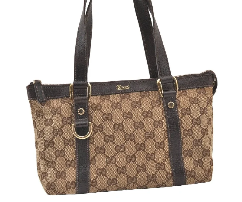 Women Gucci crossbody bags with a printed floral patternAuthentic GUCCI Abbey Hand Tote Bag Purse GG Canvas Leather 141471 Brown 9525J