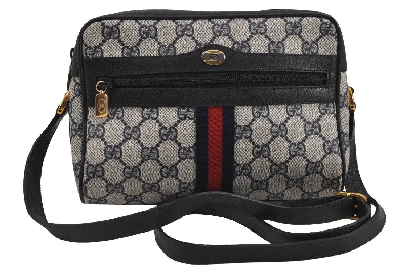 Gucci tote bags for women with a spacious interiorAuthentic GUCCI Sherry Line Shoulder Cross Bag GG PVC Leather Navy Junk 9388J