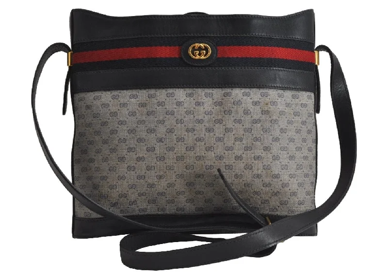 Women Gucci bags with a snap - button closure and a decorative charmAuthentic GUCCI Sherry Line Micro GG Shoulder Cross Bag PVC Leather Navy 7919J