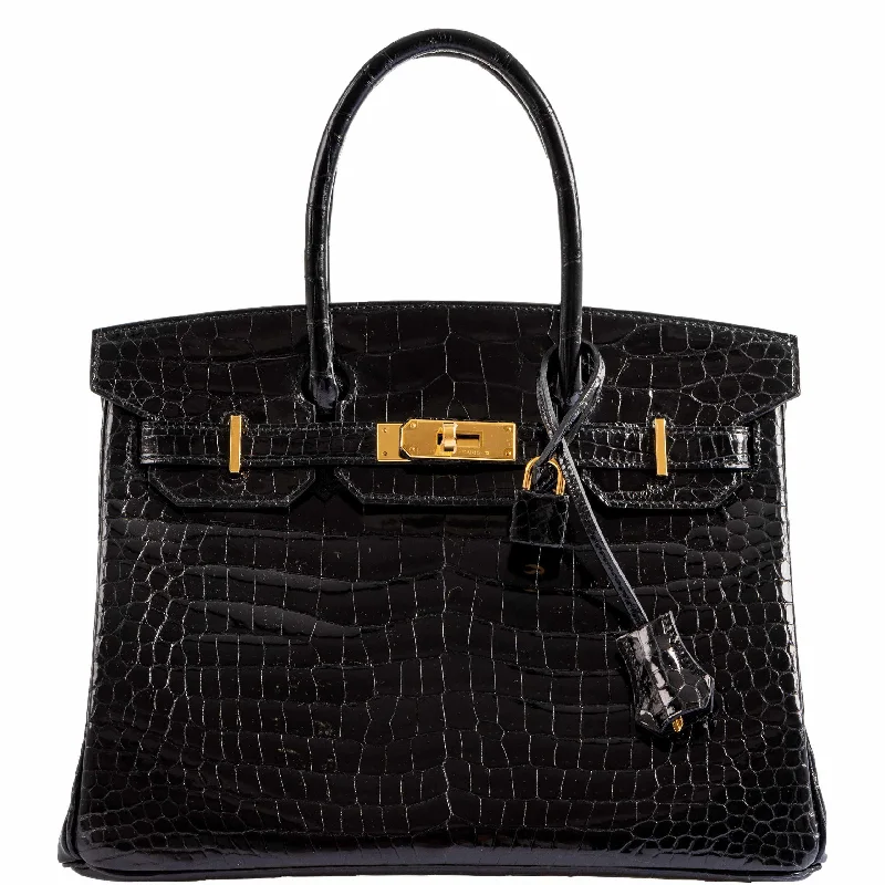 Hermès Birkin 30 Black Shiny Porosus Crocodile Gold Hardware