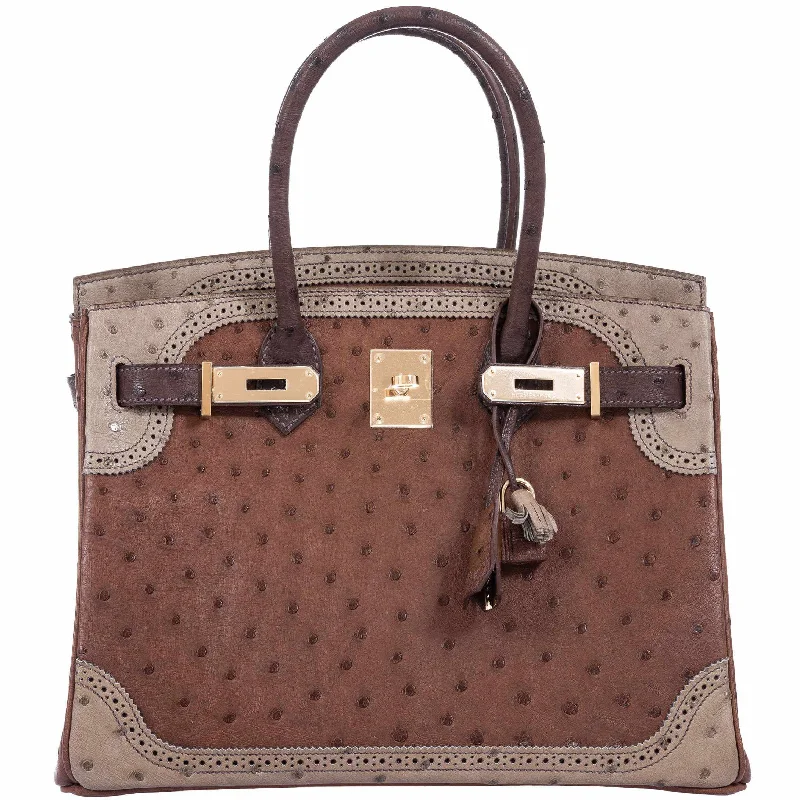 Hermès Birkin 30 Ghillies Marron Fonce, Etrusque, Mousse Ostrich Champagne Gold Hardware