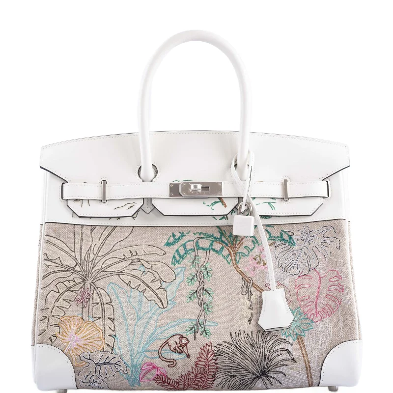 Hermès Faubourg Tropical Birkin 35 Embroidered Toile de Camp and White Swift Palladium Hardware