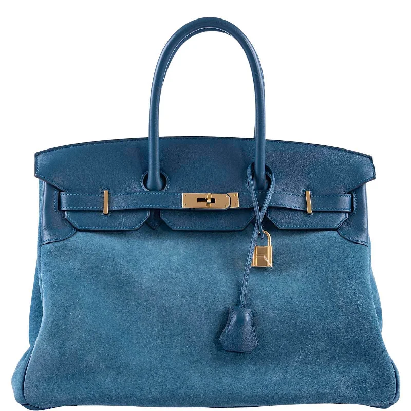 Hermès Birkin 35 Blue Thalassa Grizzly Suede, Swift Permabrass Hardware