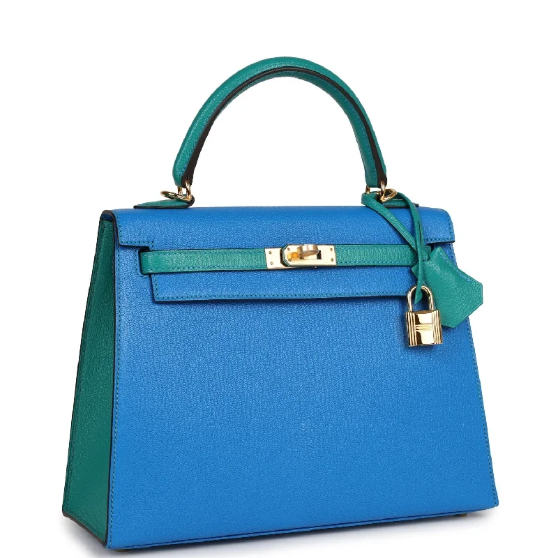 Hermes Kelly Sellier 25 Bleu Hydra and Bleu Paon Chevre Mysore Gold Hardware