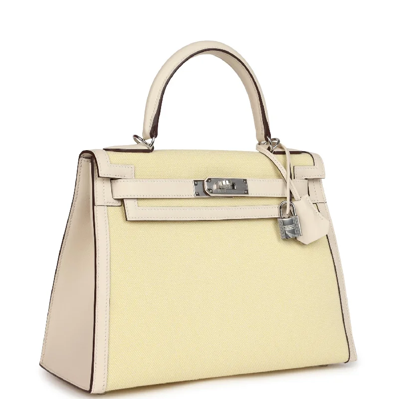 Hermes Kelly Sellier 28 Nata Swift and Jaune Citron Toile H Canvas Palladium Hardware