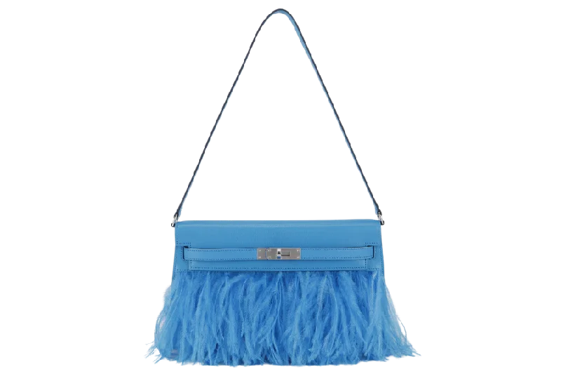 HERMES KELLY ELAN FOLIE'S STAMP B (YEAR 2023) BLUE FRIDA CHEVRE x FEATHERS SILVER HARDWARE WITH DUST COVER