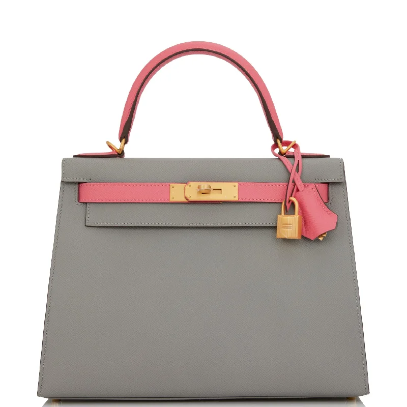 Hermes Kelly Sellier 28 Gris Mouette and Rose Azalee Epsom Brushed Gold Hardware