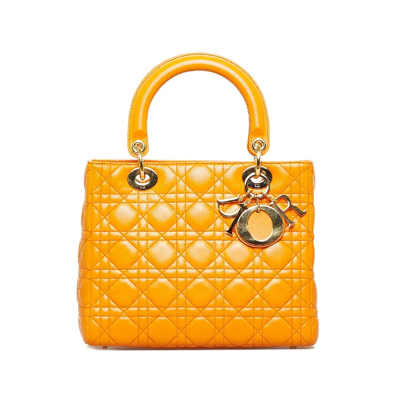 Christian Dior bags with a side - pocket for holding a water bottleDior Lady Dior Medium Orange Cannage Quilted Leather