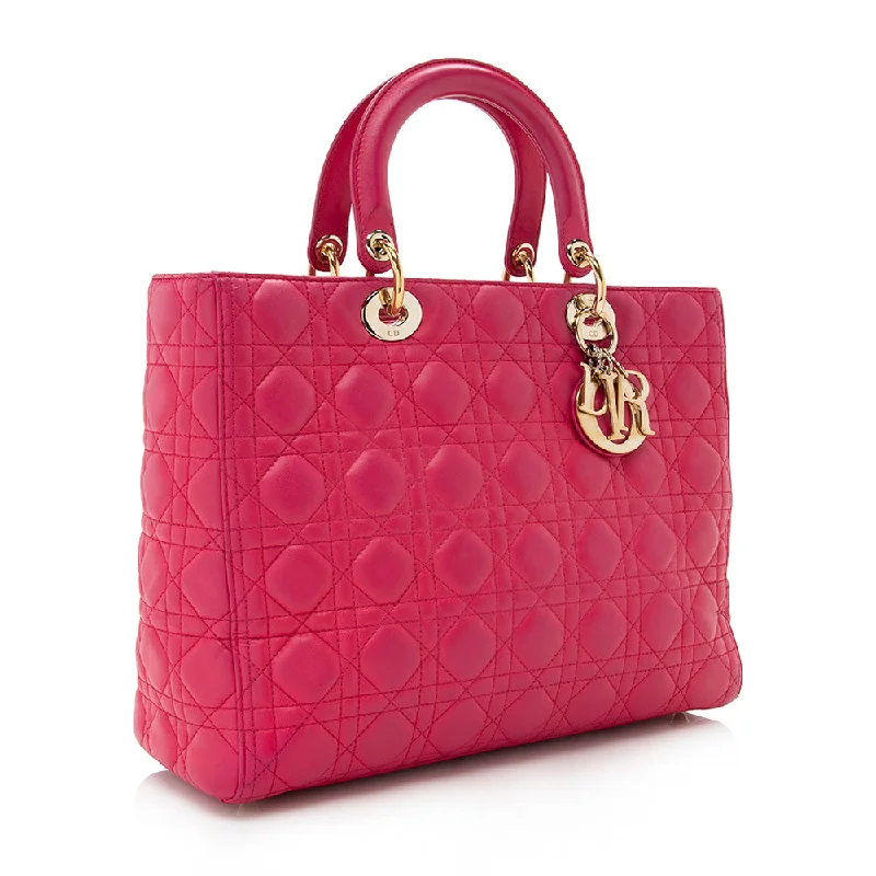 Christian Dior handbags with a snap - button closure and a decorative buckleChristian Dior Lambskin Lady Dior Large Tote