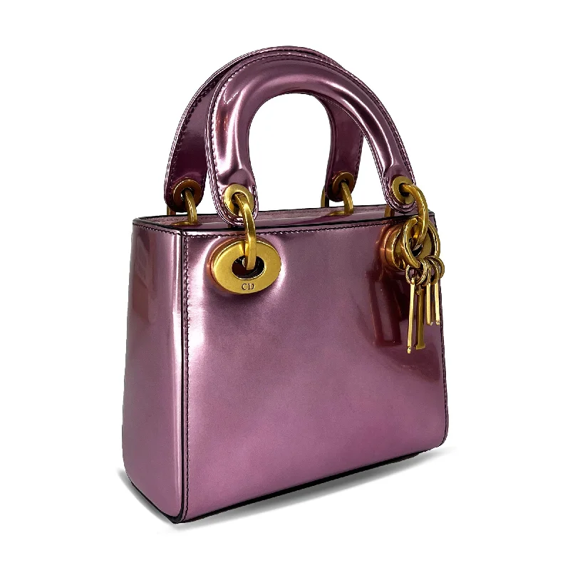 Christian Dior Saddle bags with a distressed leather finishMini Lady Dior bag metallic pink calfskin